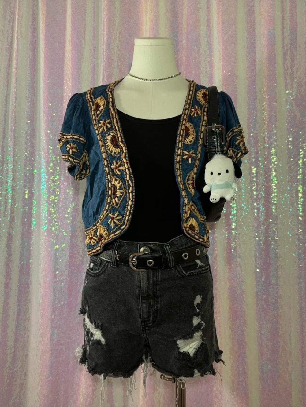Ruth Blue & Wood Bead Short Sleeve Bolero Top ★彡